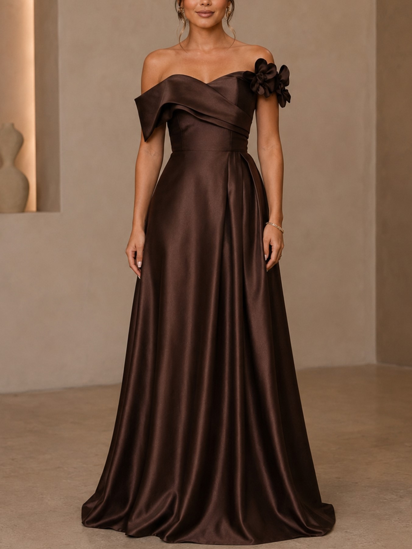 Dark Brown 3D Floral Off‑The‑Shoulder Sleeveless A‑Line Satin Maxi Gown