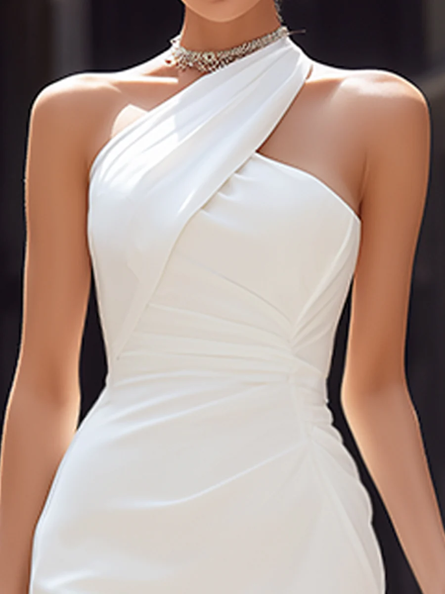 White One-Shoulder Ruched Bodycon Midi Dress for Formal Events