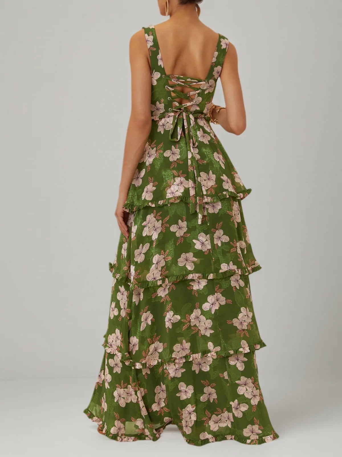 Green Jacquard Classic Spaghetti Chiffon Floral Sleeveless A-Line Maxi Dress