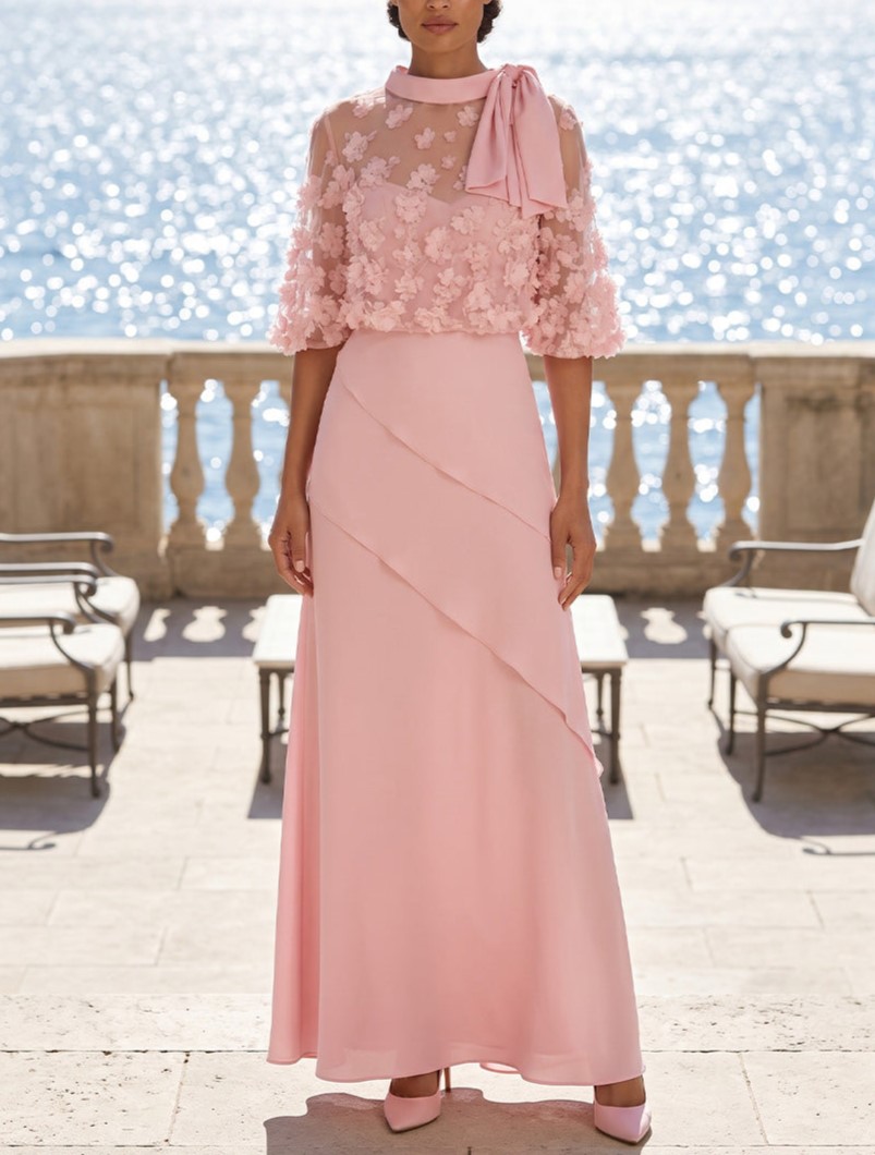 Blush Pink Floral Lace Bow Three-Quarter Sleeve Maxi Dress