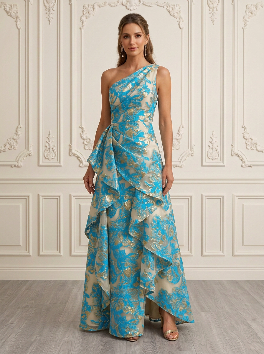 Dusty Blue One-Shoulder Sleeveless Floral Jacquard Asymmetric Ruffle A-Line Maxi Dress