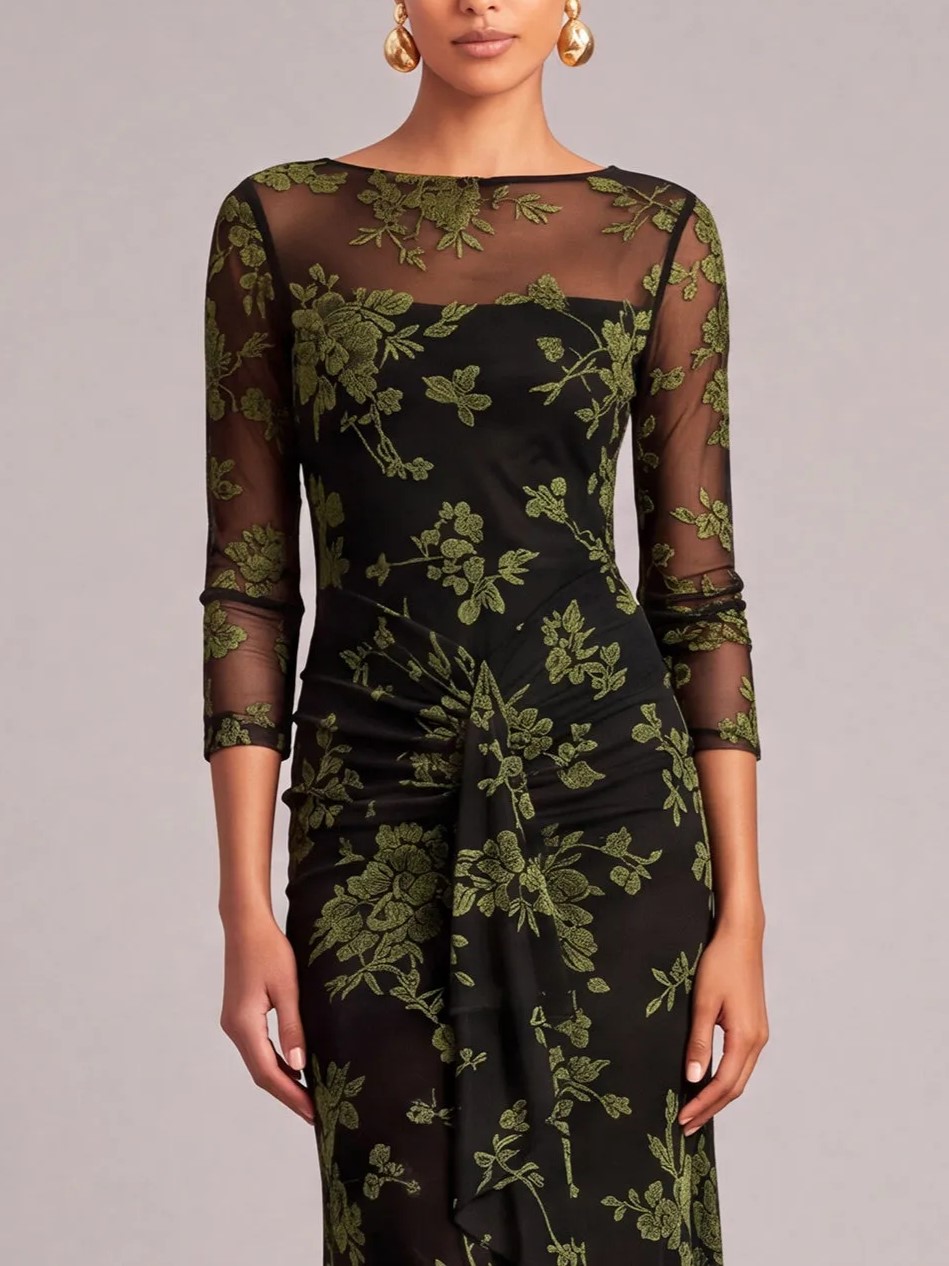 Black Round Neck 3/4 Sleeve Floral Embroidery Ruched Waist Sheath Maxi Dress