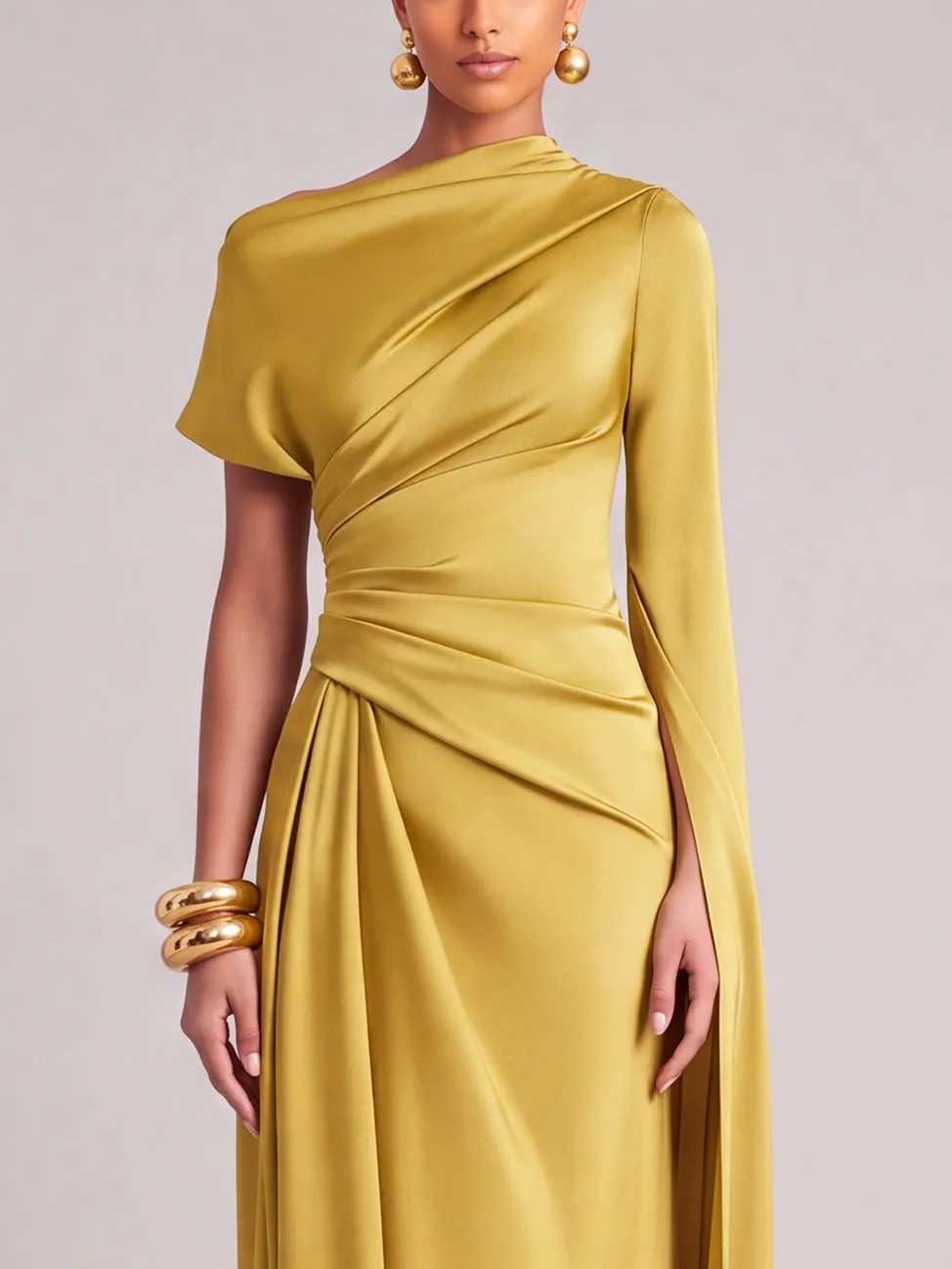 Mustard Asymmetric One-Shoulder Cape Sleeve Draped Waist Sheath Maxi Dress