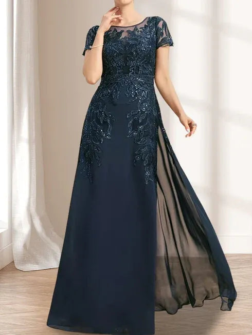 Sheath/Column Scoop Illusion Floor-Length Lace Chiffon Mother of the Bride Dress With Sequins