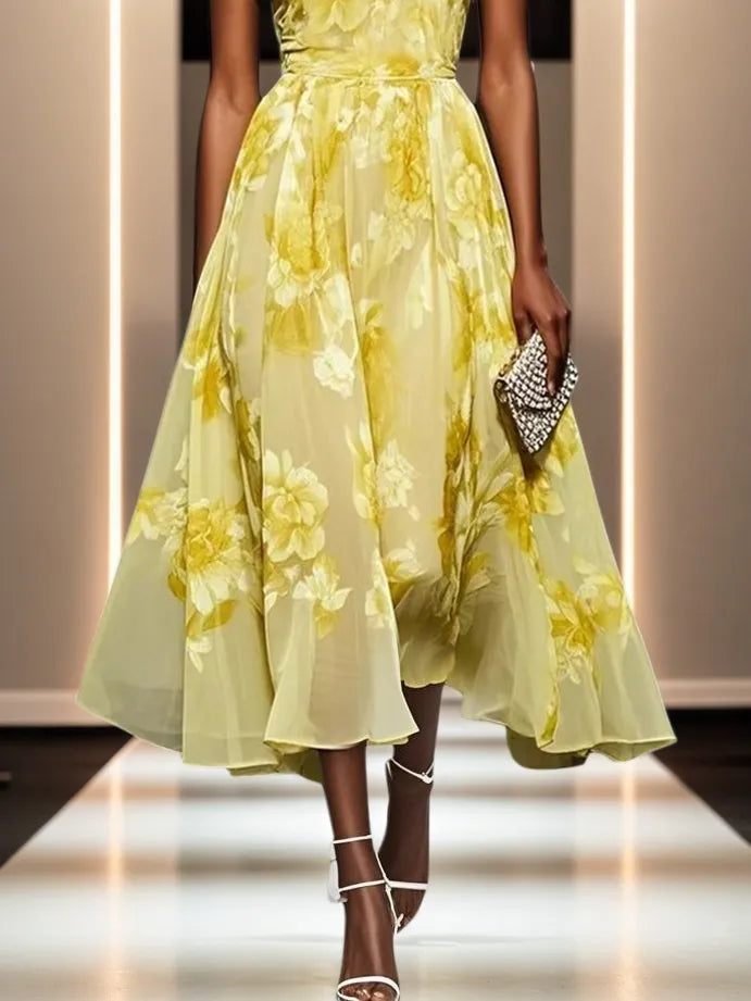 Yellow Floral Chiffon Halter Sleeveless A-Line Midi Dress