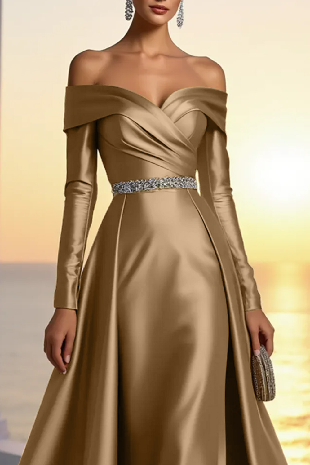 Formal Gold Satin Dress Off The Shoulder Long Sleeve Maxi Gown