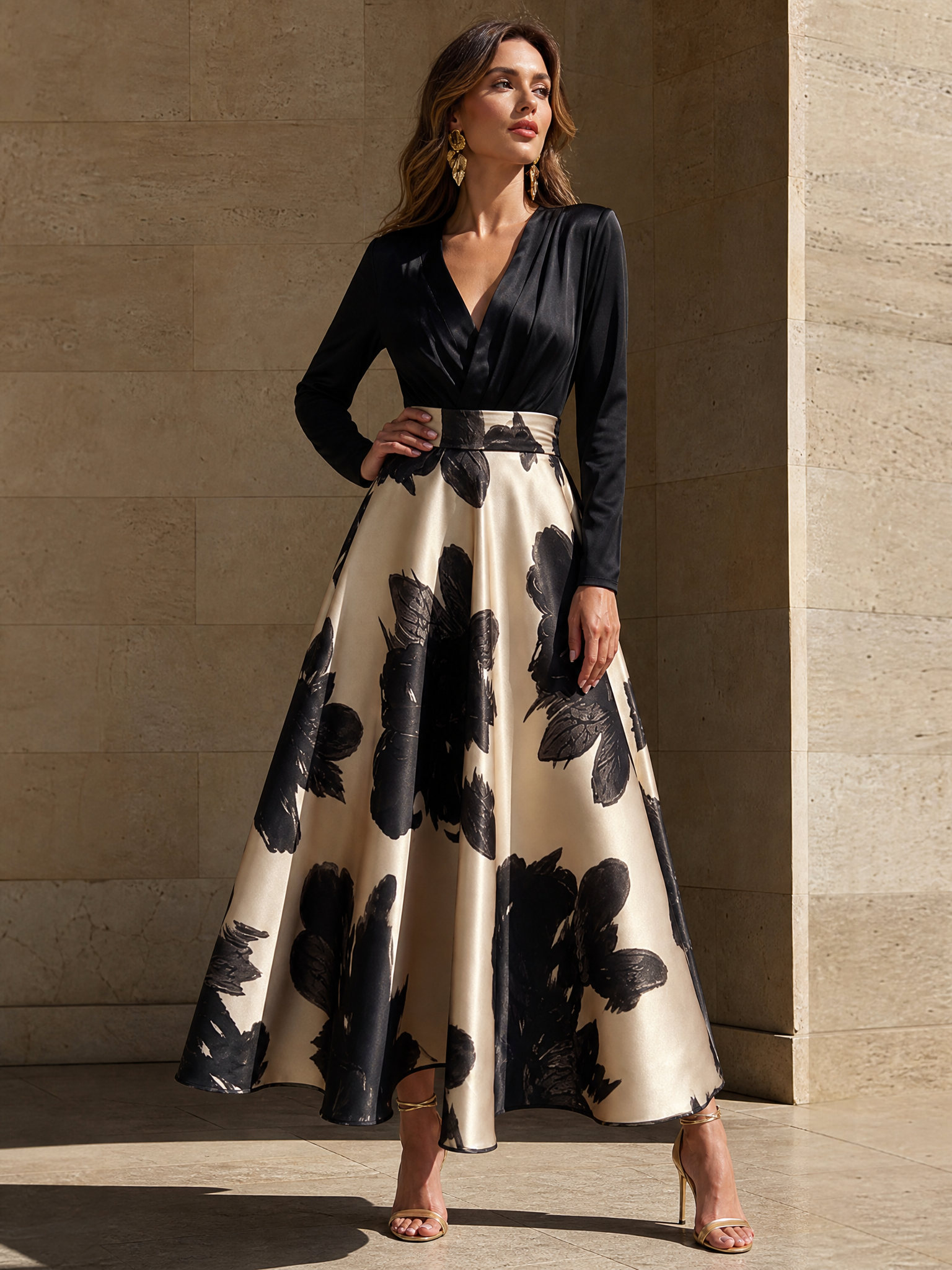 Black Floral Long-Sleeve Satin V-Neck A-Line Maxi Evening Gown Dress