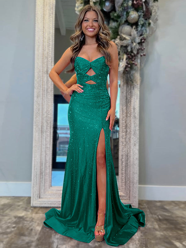Light Yellow Mermaid Strapless Keyholes Prom Dress with Beads