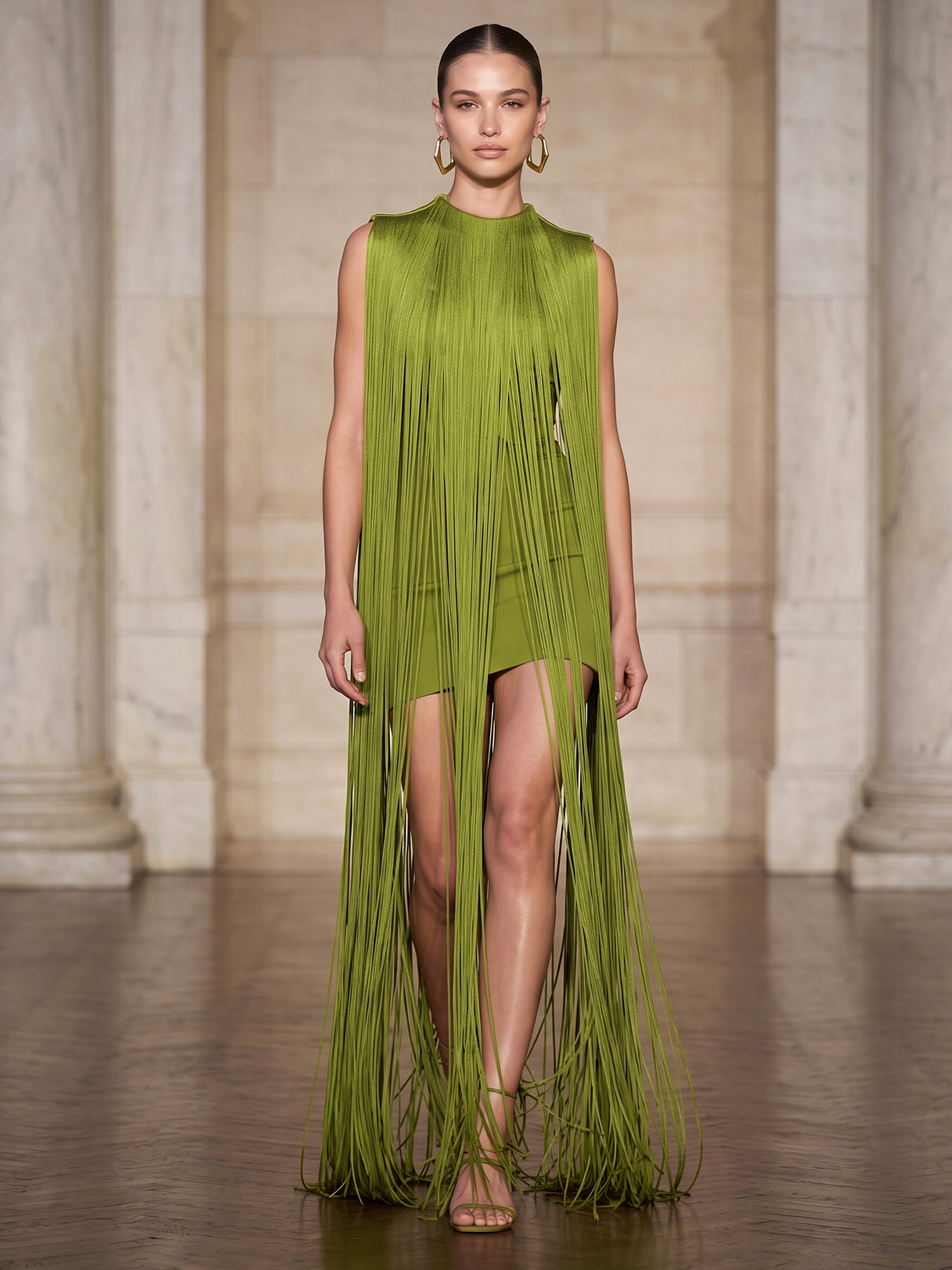 Olive Green High Neck Sleeveless Fringe Maxi Dress