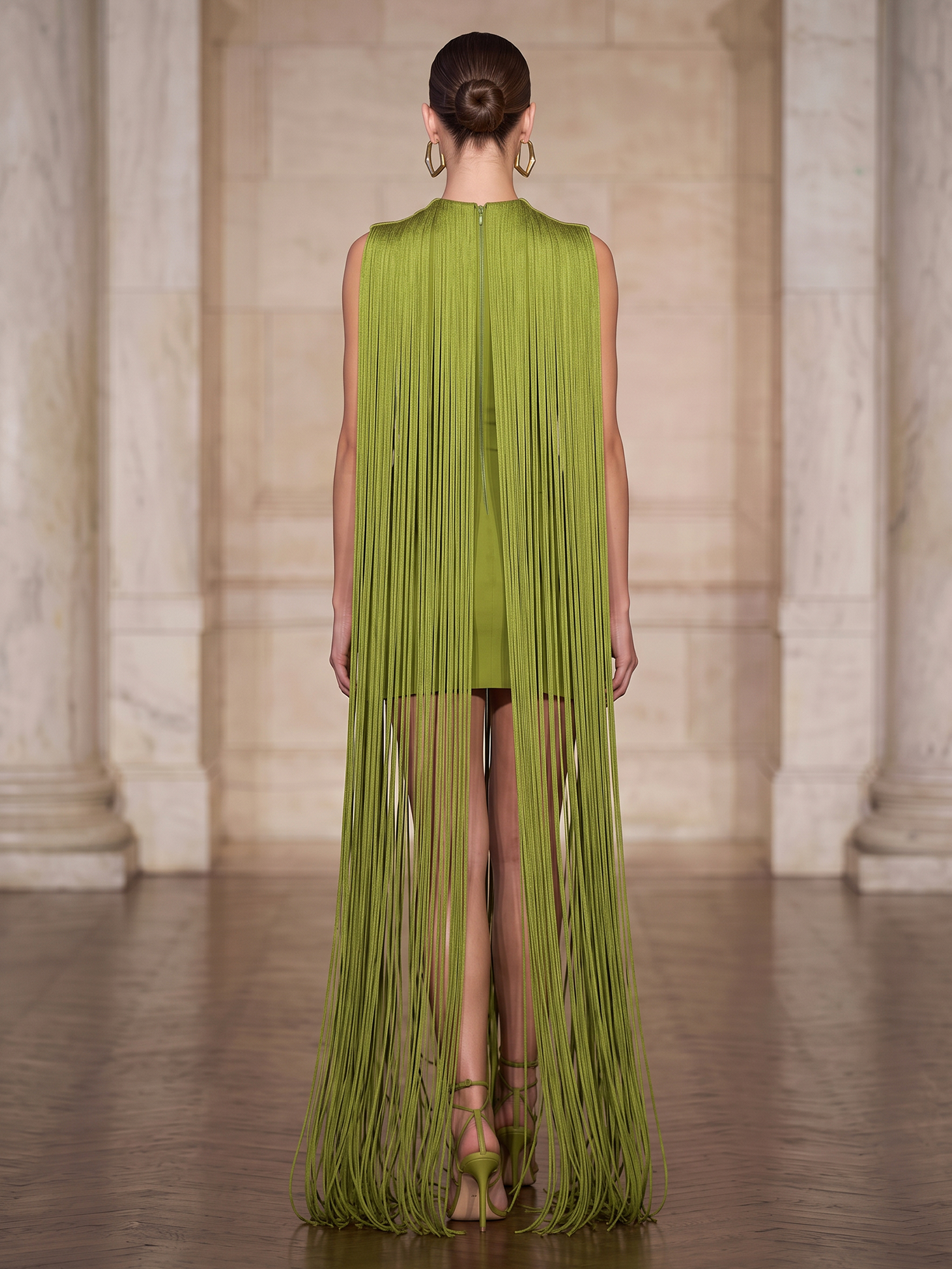 Olive Green High Neck Sleeveless Fringe Maxi Dress