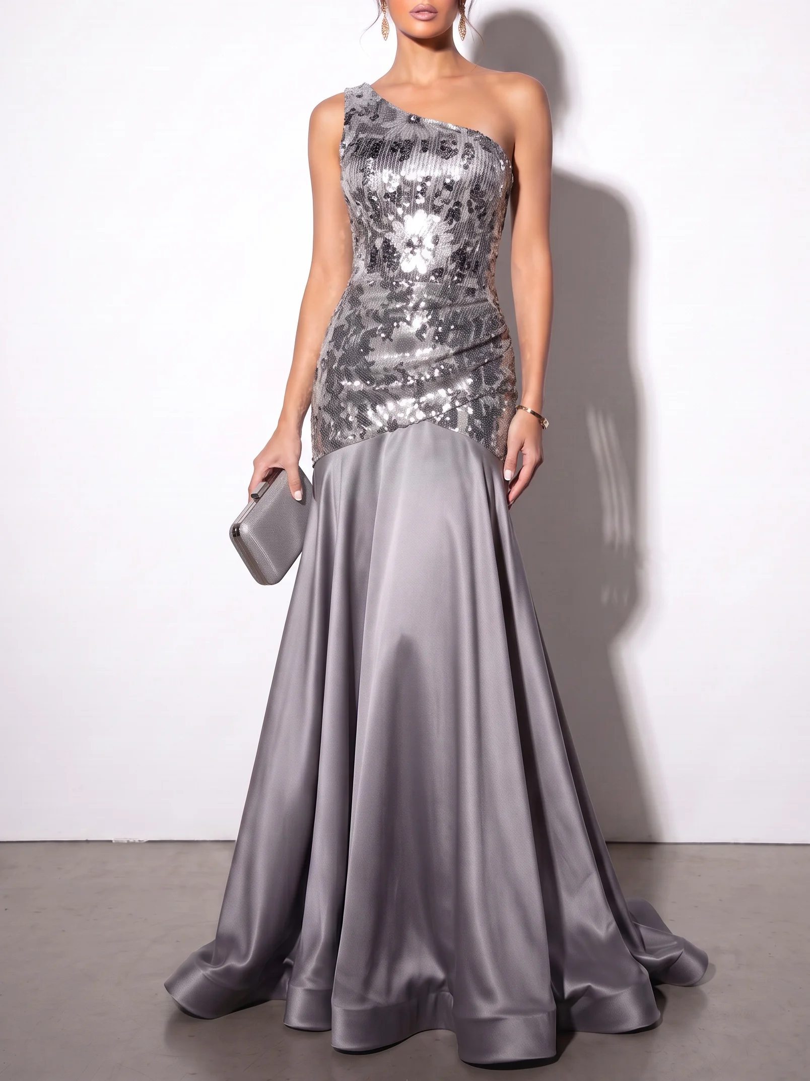 Silver One Shoulder Sleeveless Mermaid Floor-Length Evening Dress