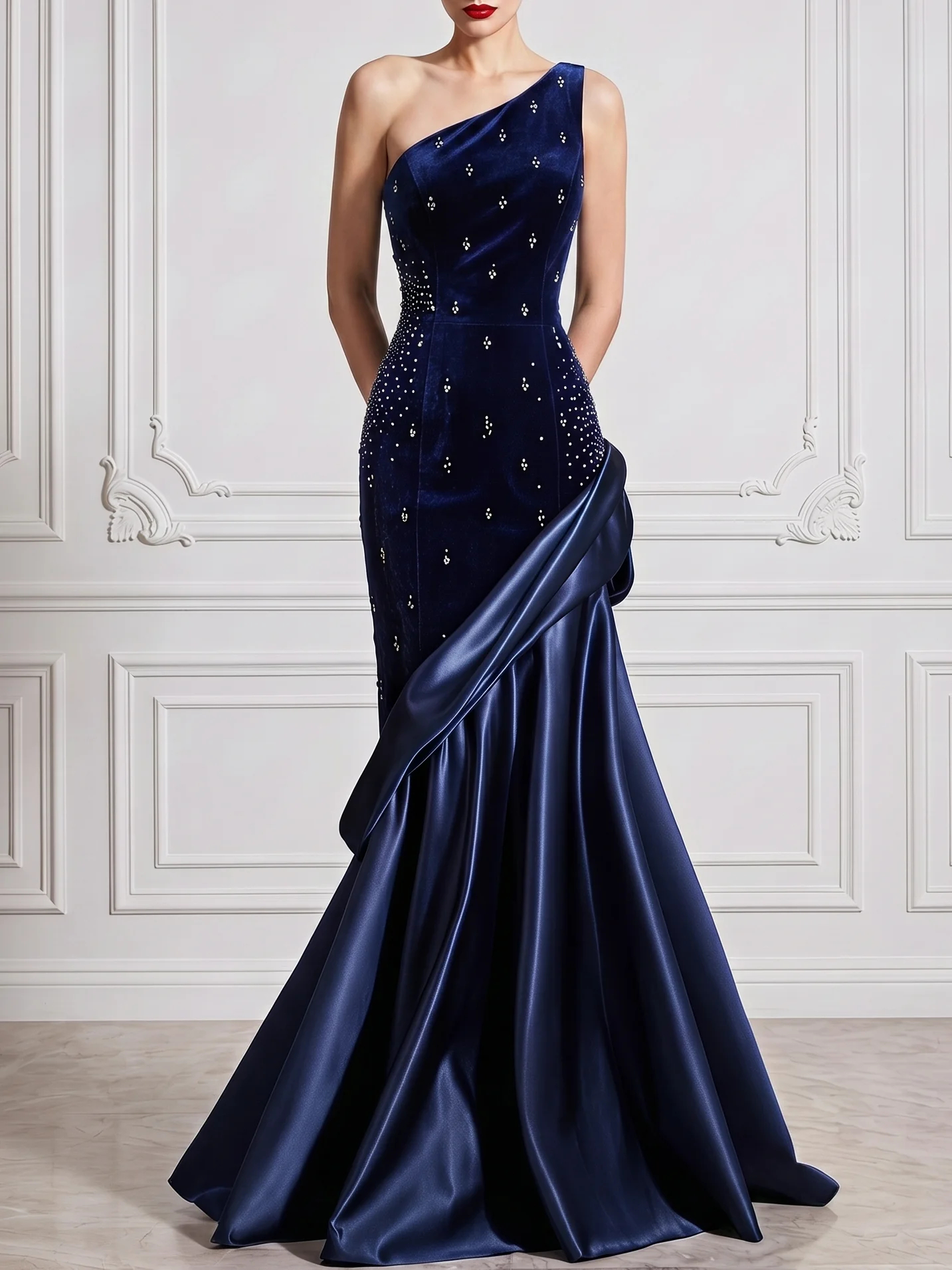 Navy Blue Rhinestone Velvet One Shoulder Sleeveless Mermaid Gown Dress