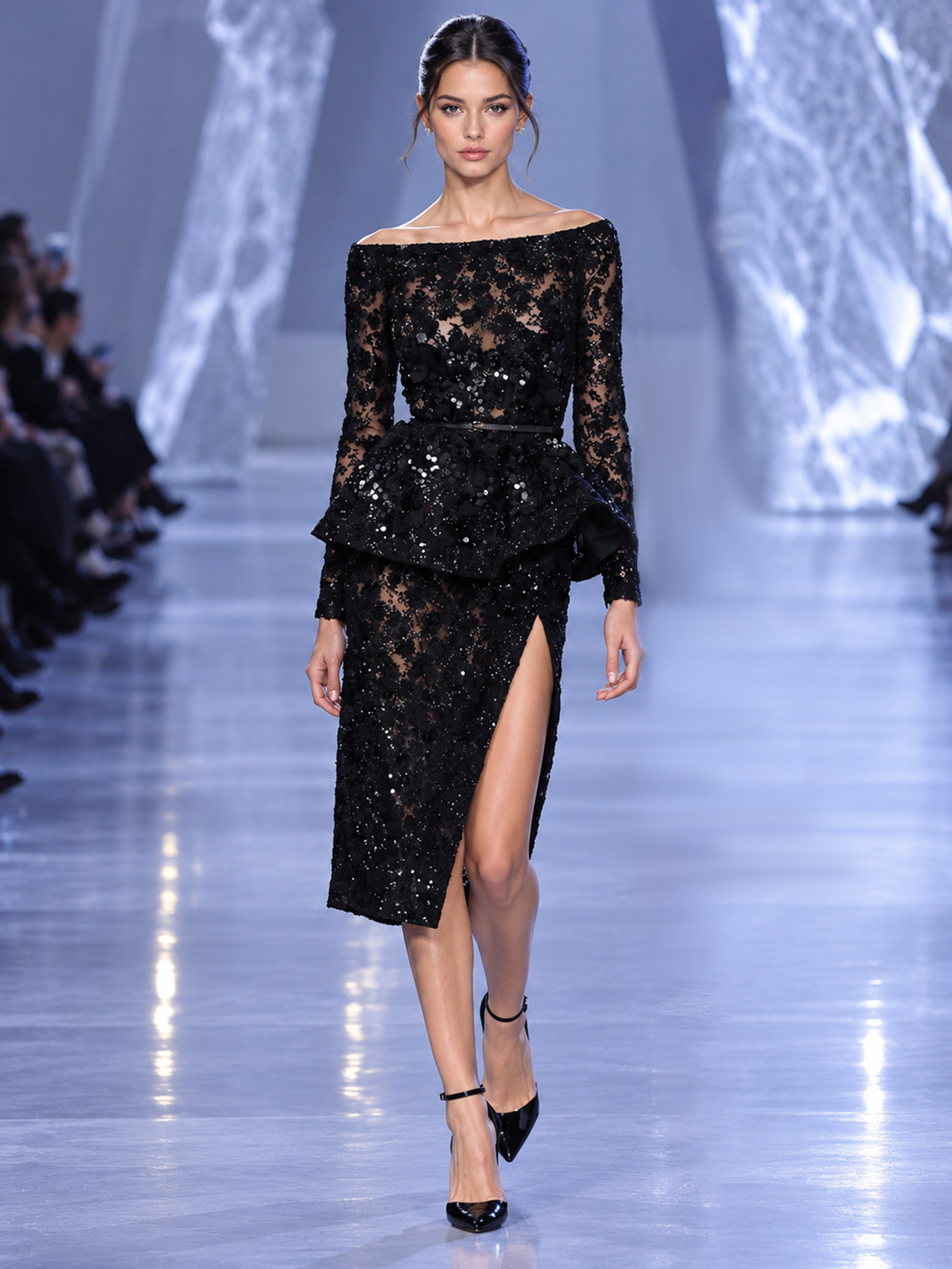 Black Off Shoulder Long Sleeve Sequin Lace Tea-Length Dress
