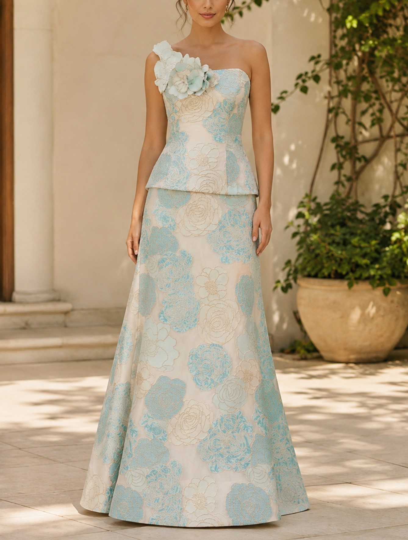 blue and cream maxi dress Light Appliqués 3D Floral One‑Shoulder Sleeveless A‑Line – vulldy and playful
