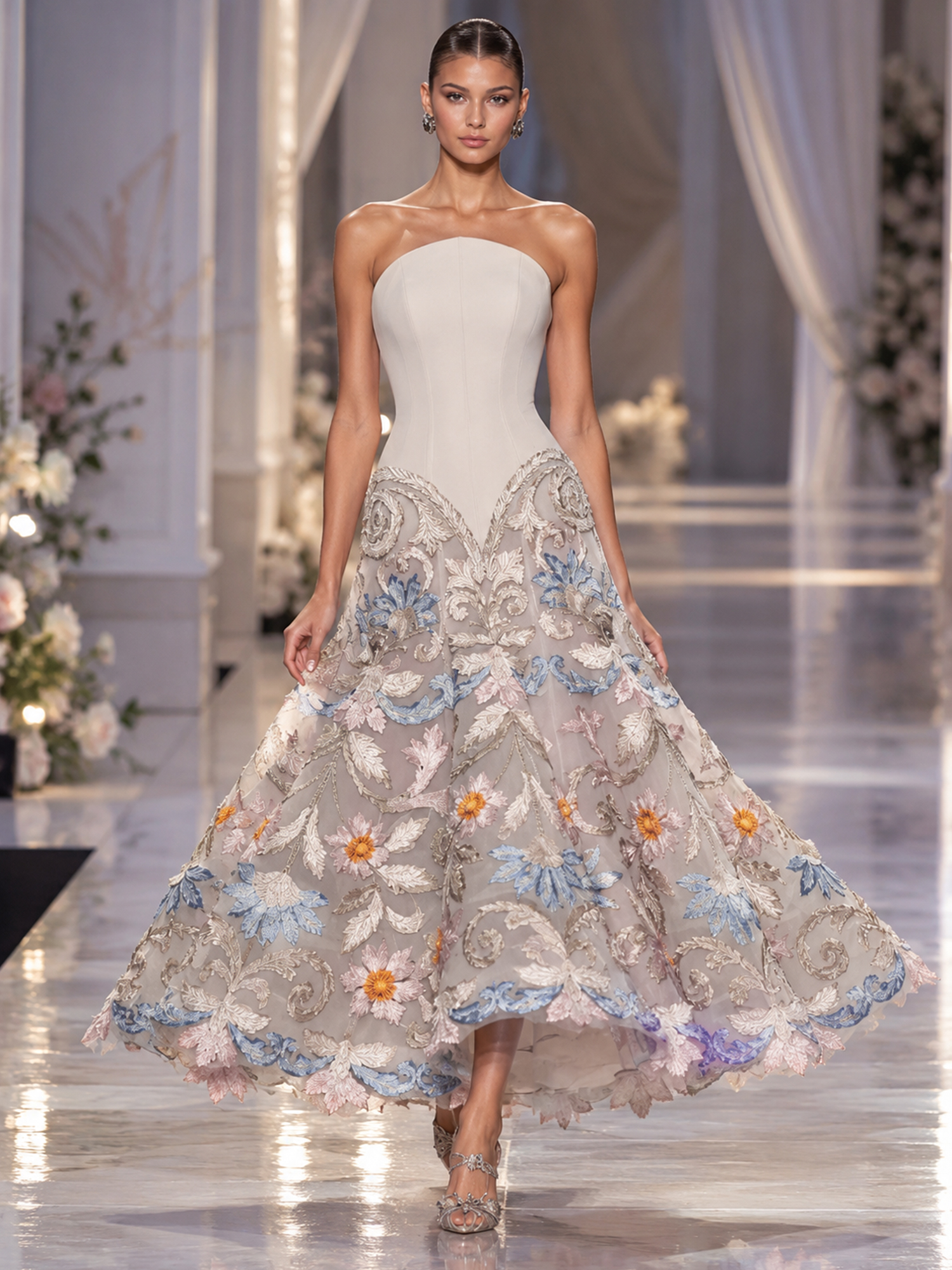 Champagne Strapless Floral Embroidered Chiffon Maxi Dress