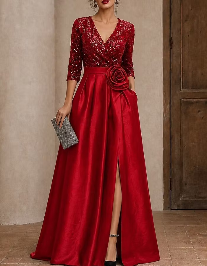 Sequin V‑Neck 3/4 Sleeve Satin A‑Line Slit Maxi Dress