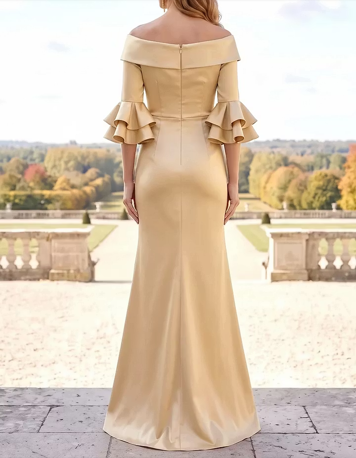 Champagne Off-Shoulder Flounce-Sleeve Mermaid Maxi Dress