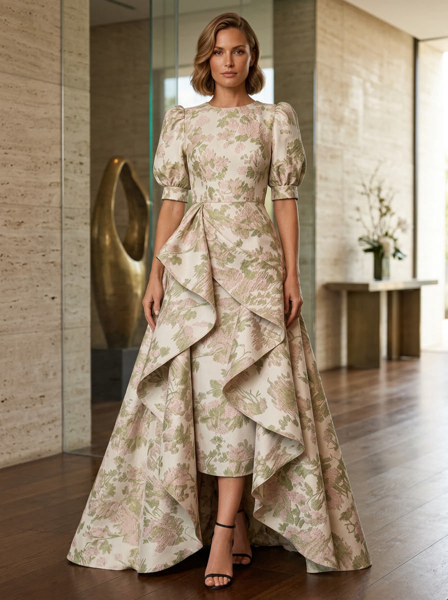Ivory Jacquard Round Neck Puff Sleeve High-Low Ball Gown Maxi Dress