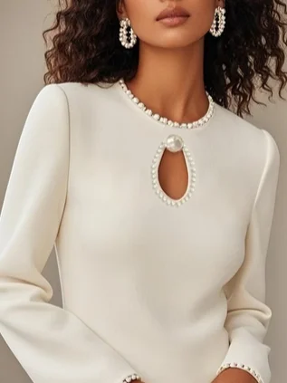 White Pearl Hollow Out Classic Crew Neck Long Sleeve Shift Mini Dress