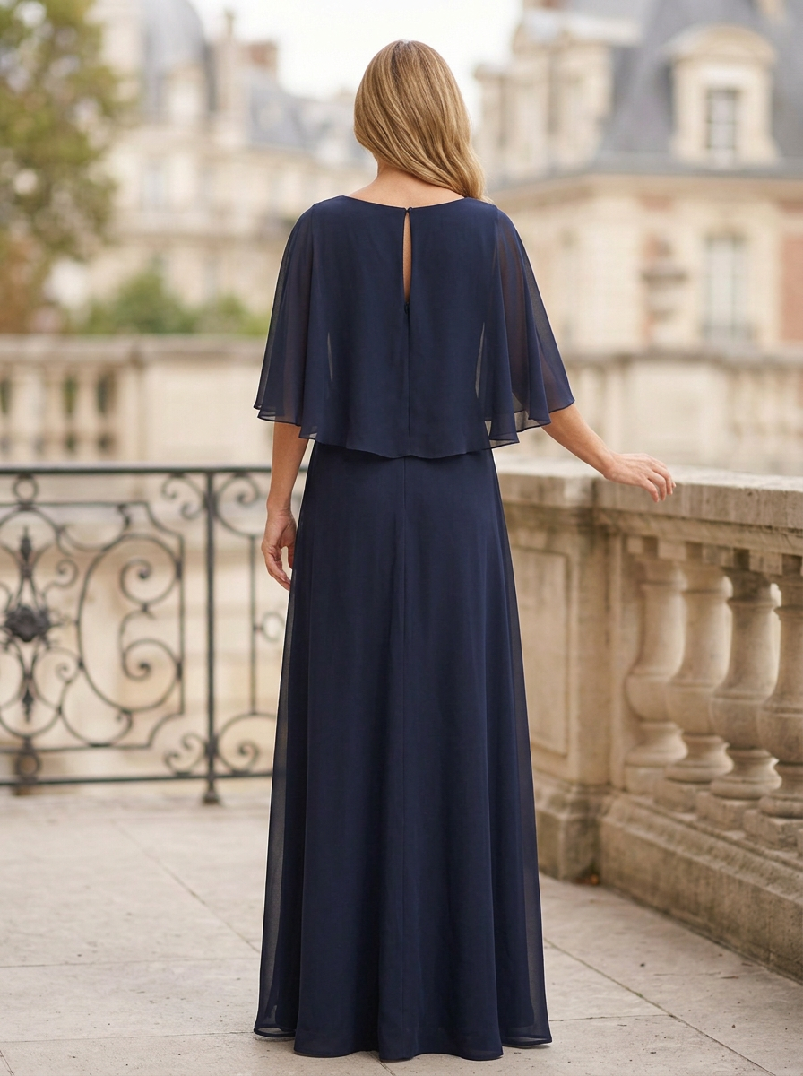 Navy Blue V-Neck Flutter Sleeve Chiffon Maxi Dress