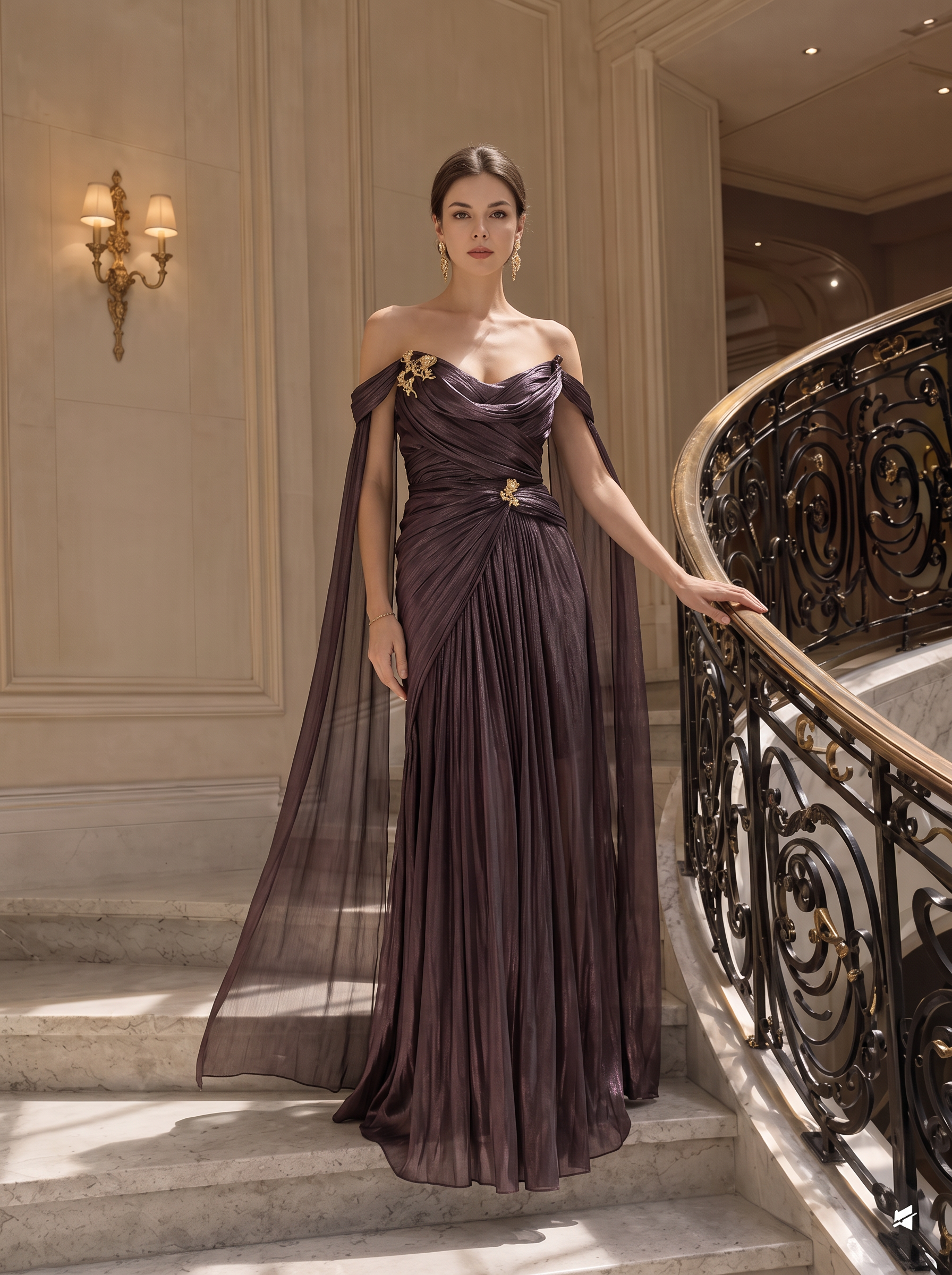 Metallic Brown Off Shoulder Floral Brooch Cape Pleated Maxi Dress