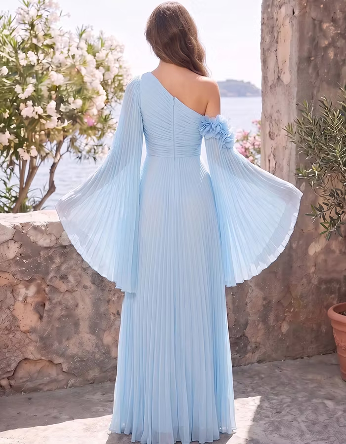 Light Blue One‑Shoulder 3D Floral Pleated Bell‑Sleeve Chiffon Maxi Dress