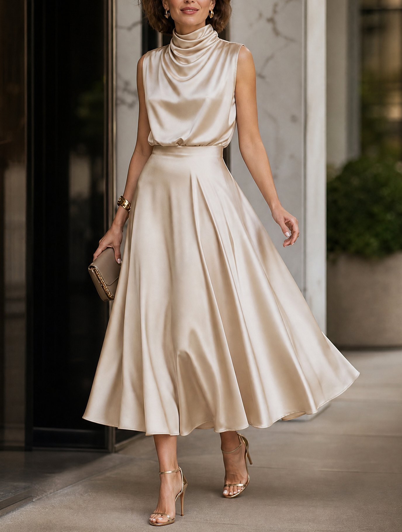 Champagne Satin Cowl-Neck Sleeveless A-Line Midi Evening Gown Dress