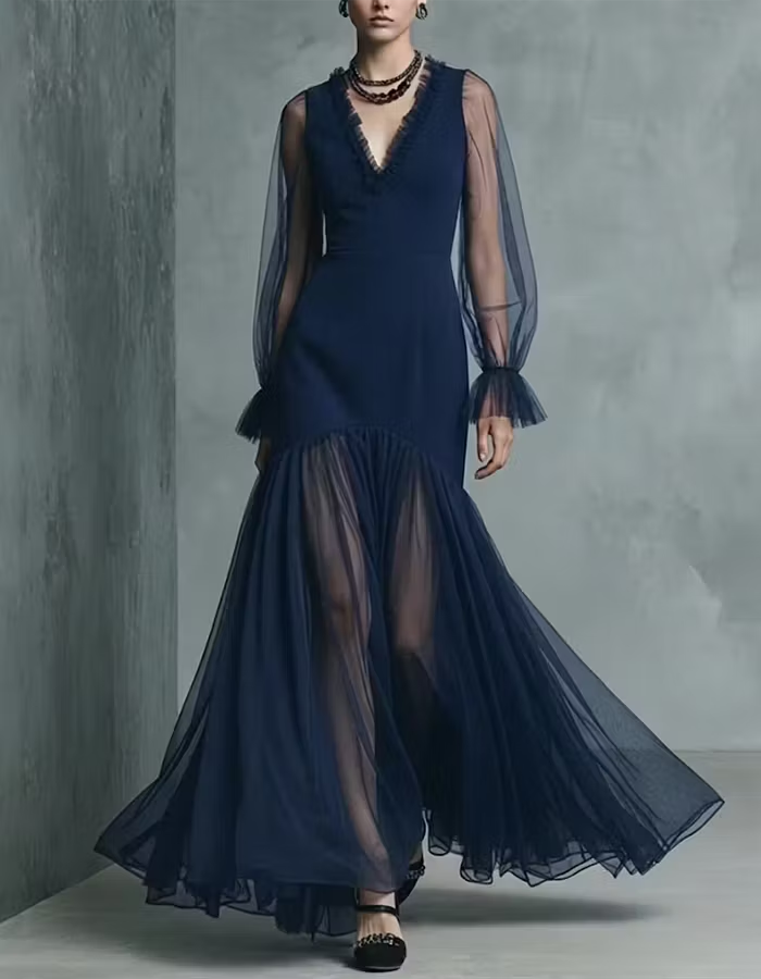 Navy Blue Sheer Tulle Mermaid Maxi Dress