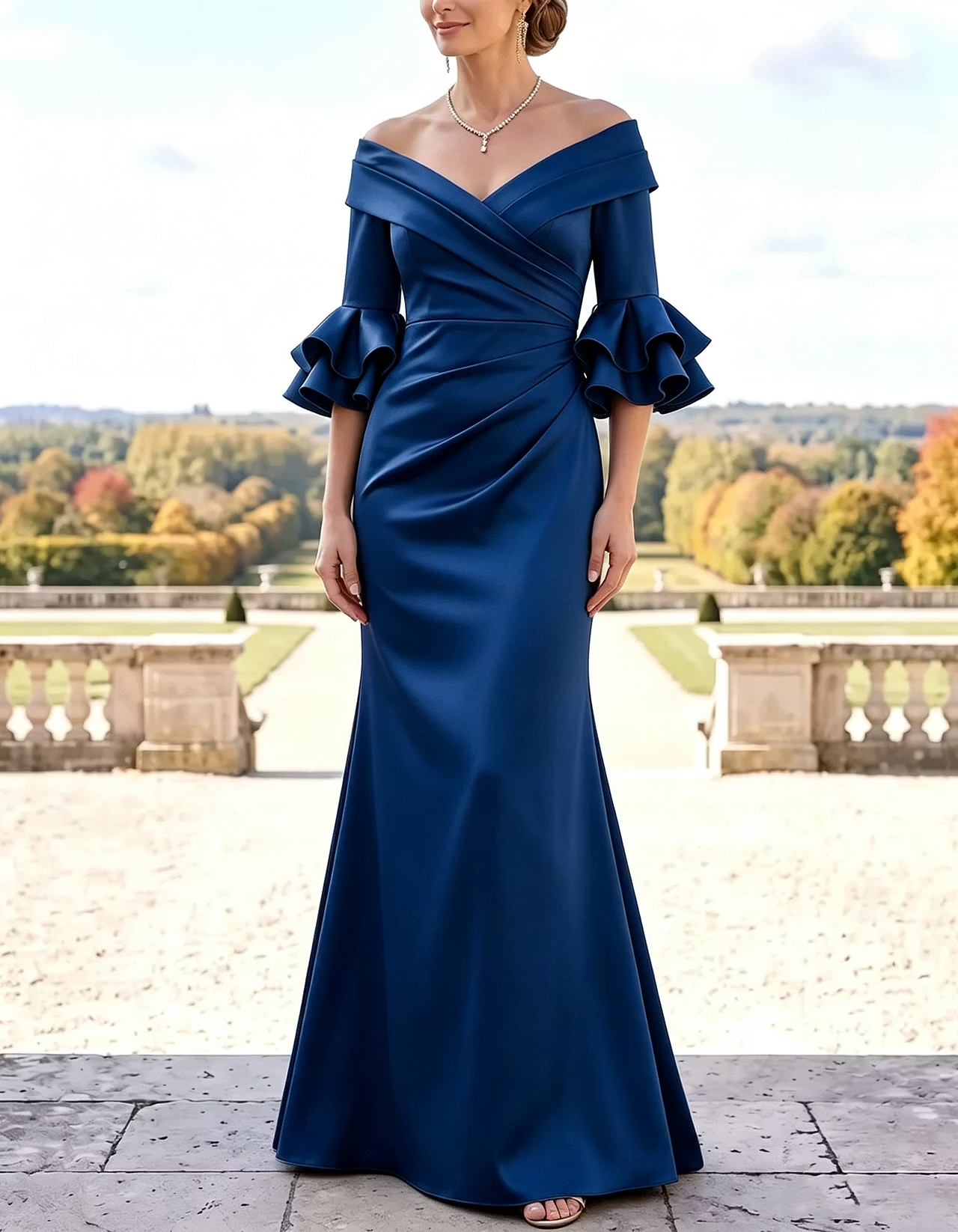Champagne Off-Shoulder Flounce-Sleeve Mermaid Maxi Dress