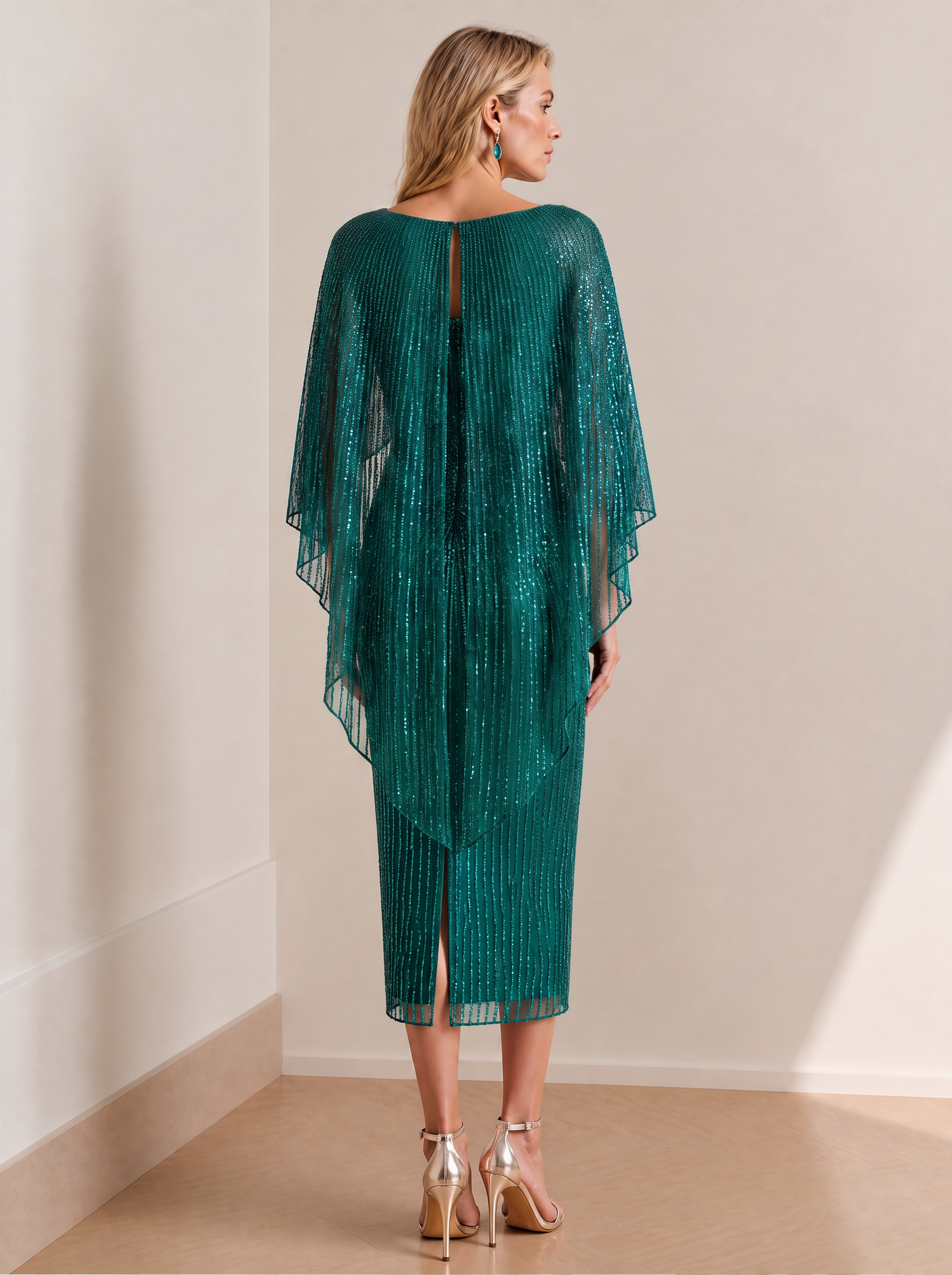 Emerald Sequin Capelet Round Neckline Sheath Midi Evening Gown Dress