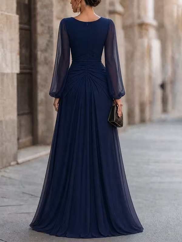 Dark Blue Draped Long Sleeved Chiffon Maxi Dress