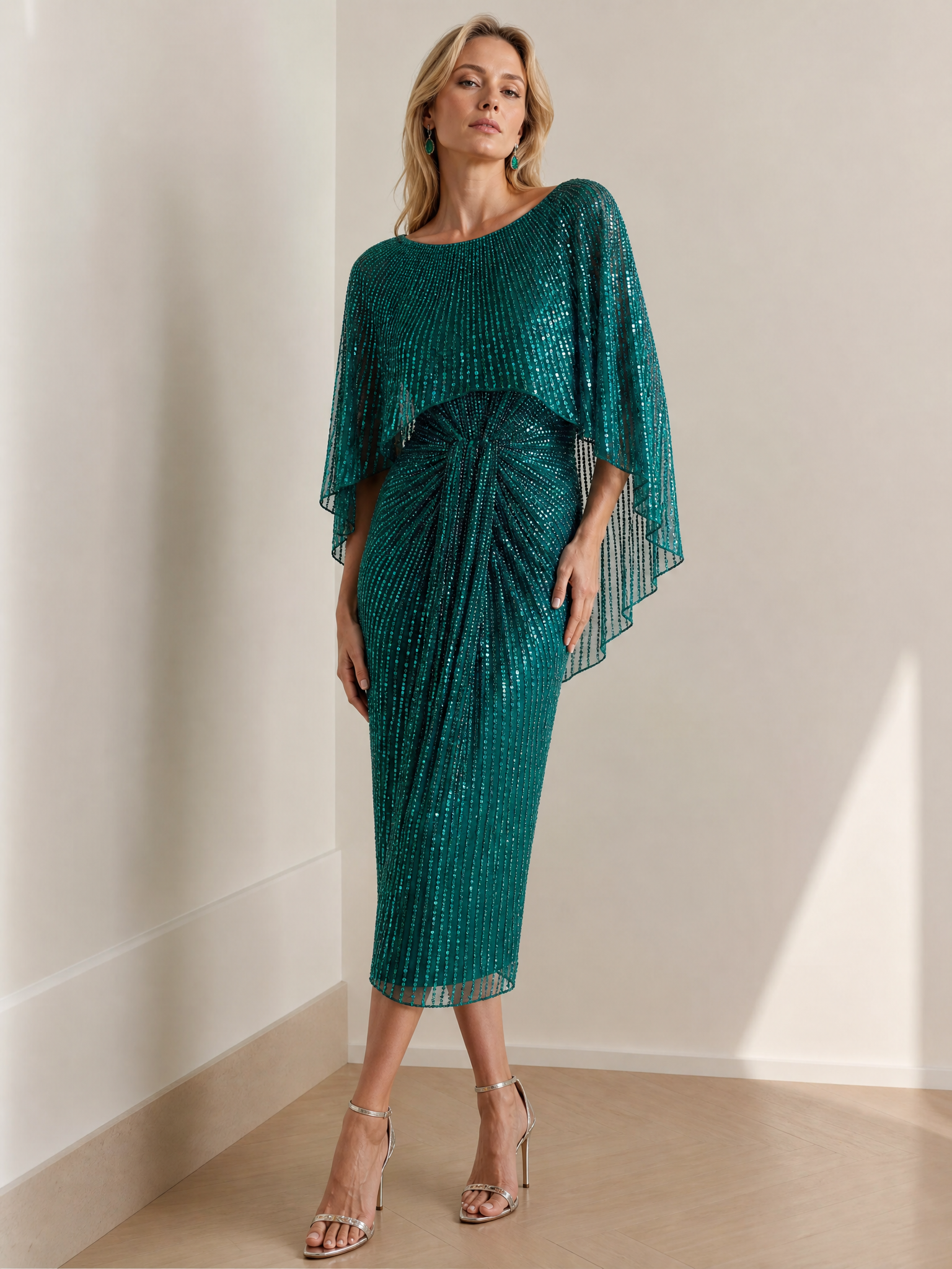 Emerald Sequin Capelet Round Neckline Sheath Midi Evening Gown Dress