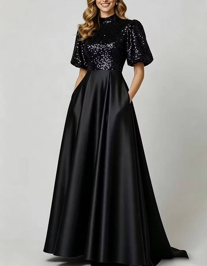 Navy Blue High‑Neck Puff Short‑Sleeve Sequin‑Bodice Satin A‑Line Maxi Dress