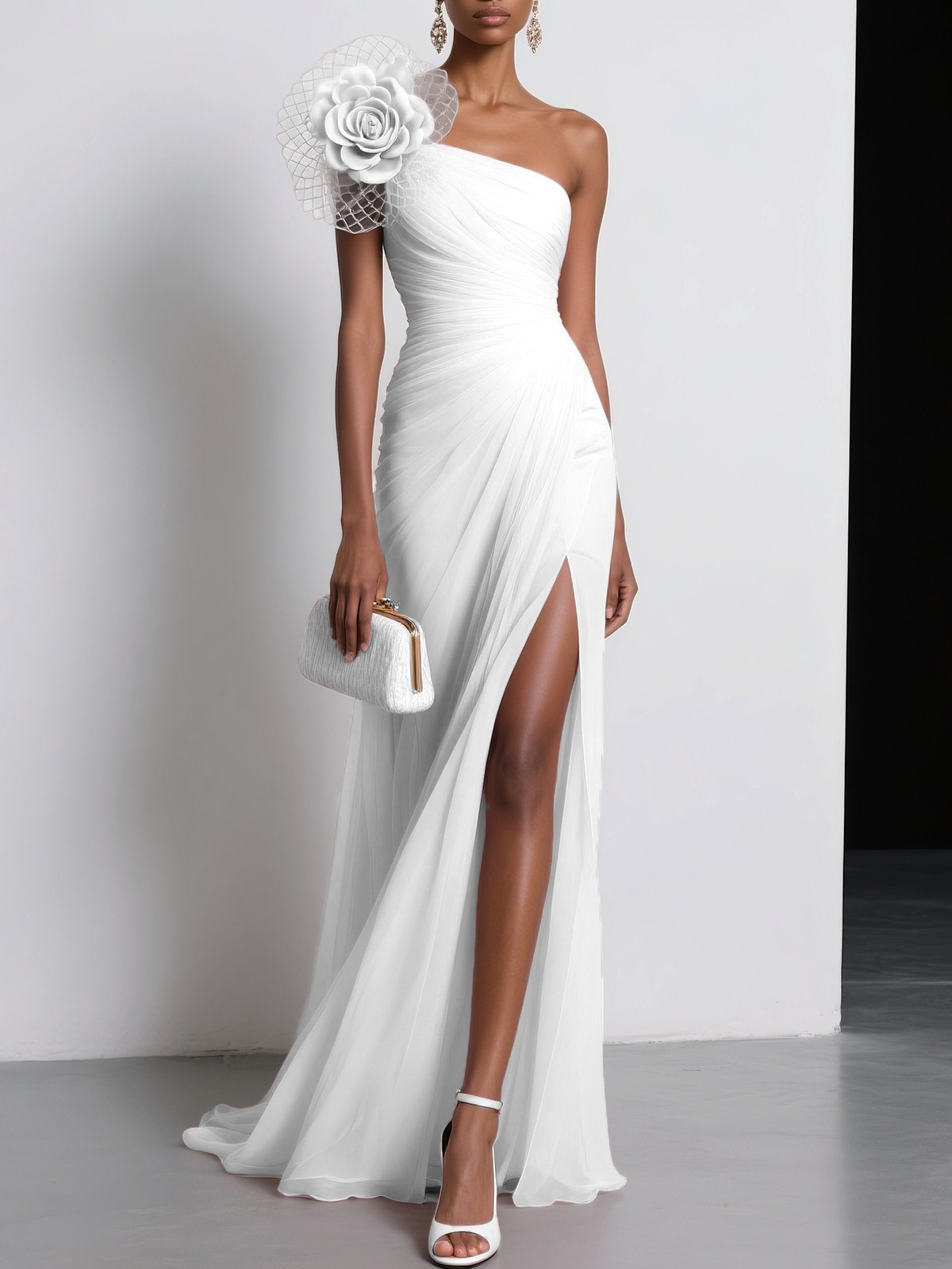 White 3D Floral Ruched Chiffon One Shoulder Sleeveless Sheath Gown Dress