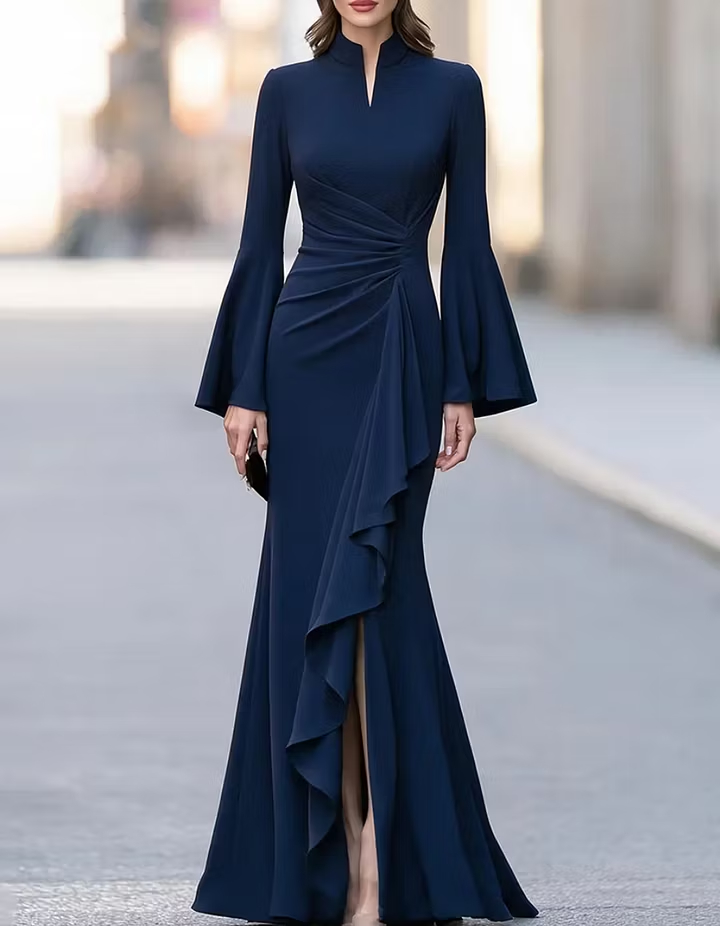 Black High-Neck Flared-Sleeve Ruffle Slit Mermaid Maxi Dress