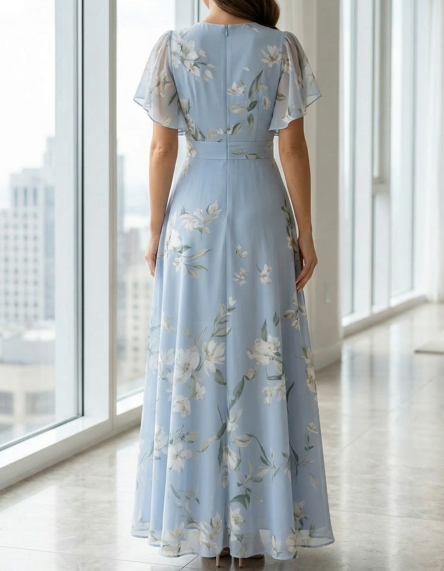 Light Blue Chiffon Round Neck Ruffle Print Maxi Dress