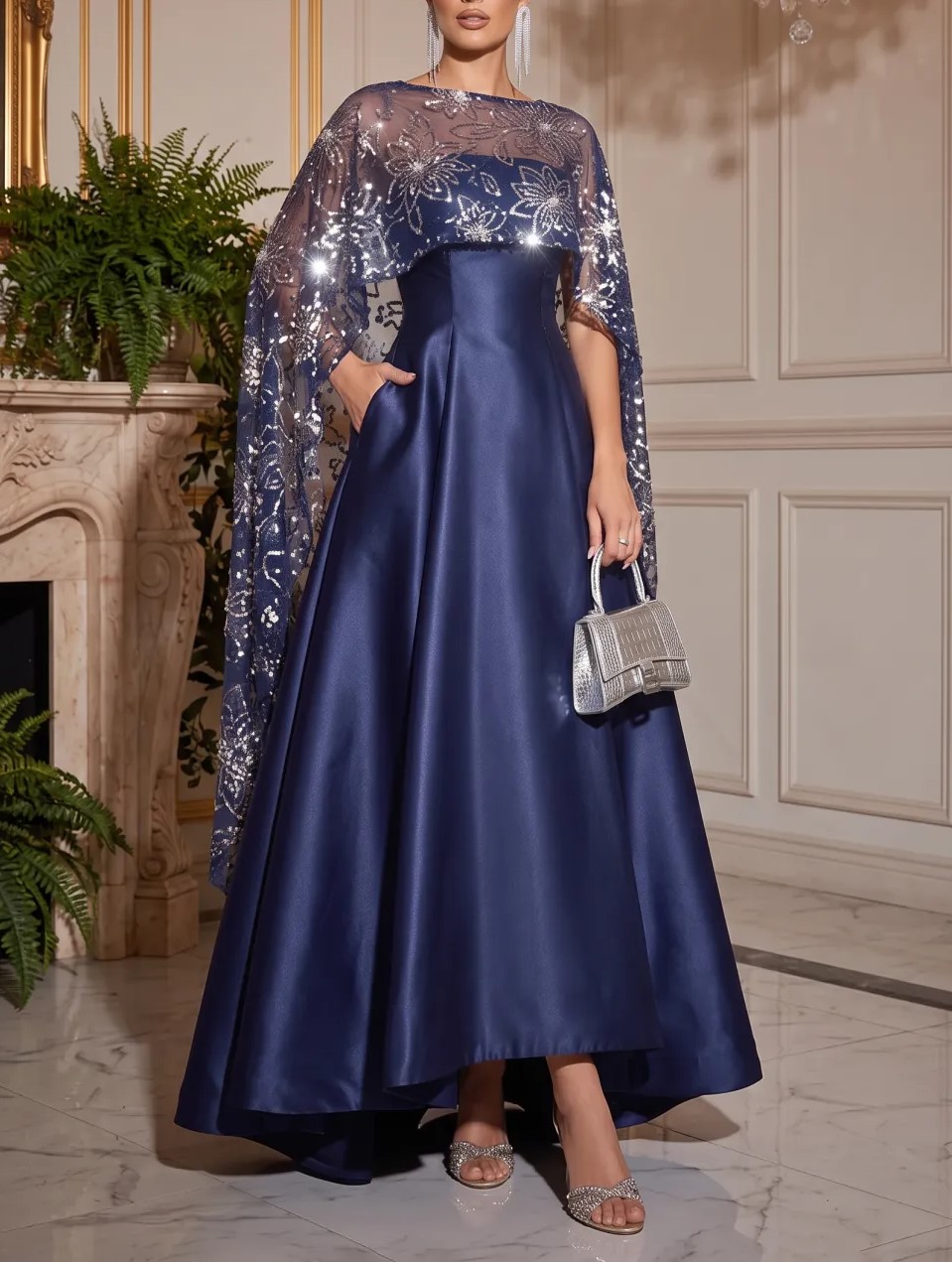 Navy Blue A-Line Satin Asymmetrical Sequined Cape Sleeves Bateau Neck With Pocket