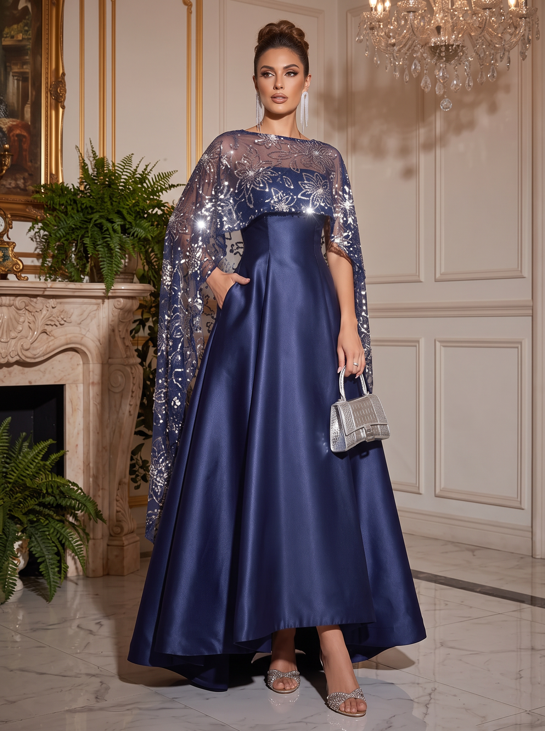 Navy Blue A-Line Satin Asymmetrical Sequined Cape Sleeves Bateau Neck With Pocket