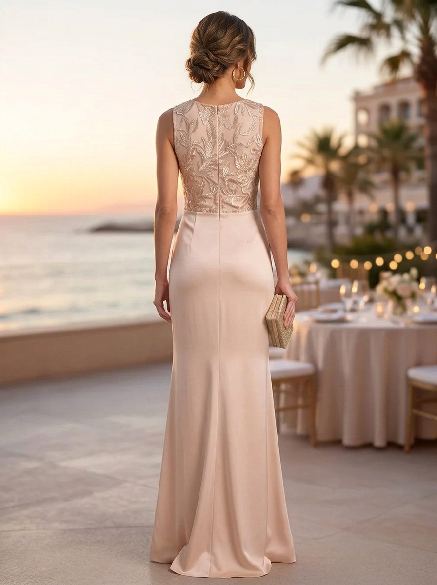Dusty Pink Round Neck Sleeveless Embroidered Bodice Ruched Waist Sheath Maxi Dress