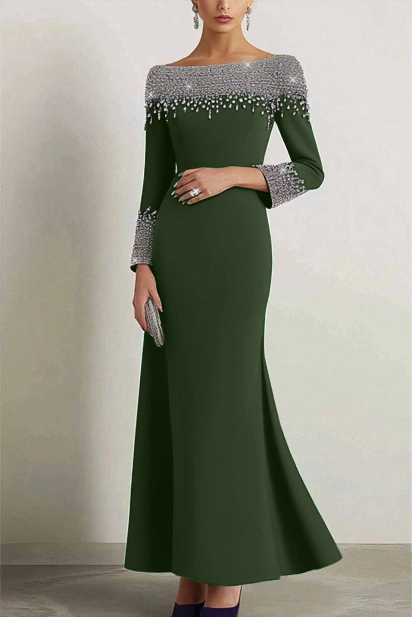 Elegant Dress Navy Boat Neck Rhinestone Maxi Dress Mother of the Bride Dress