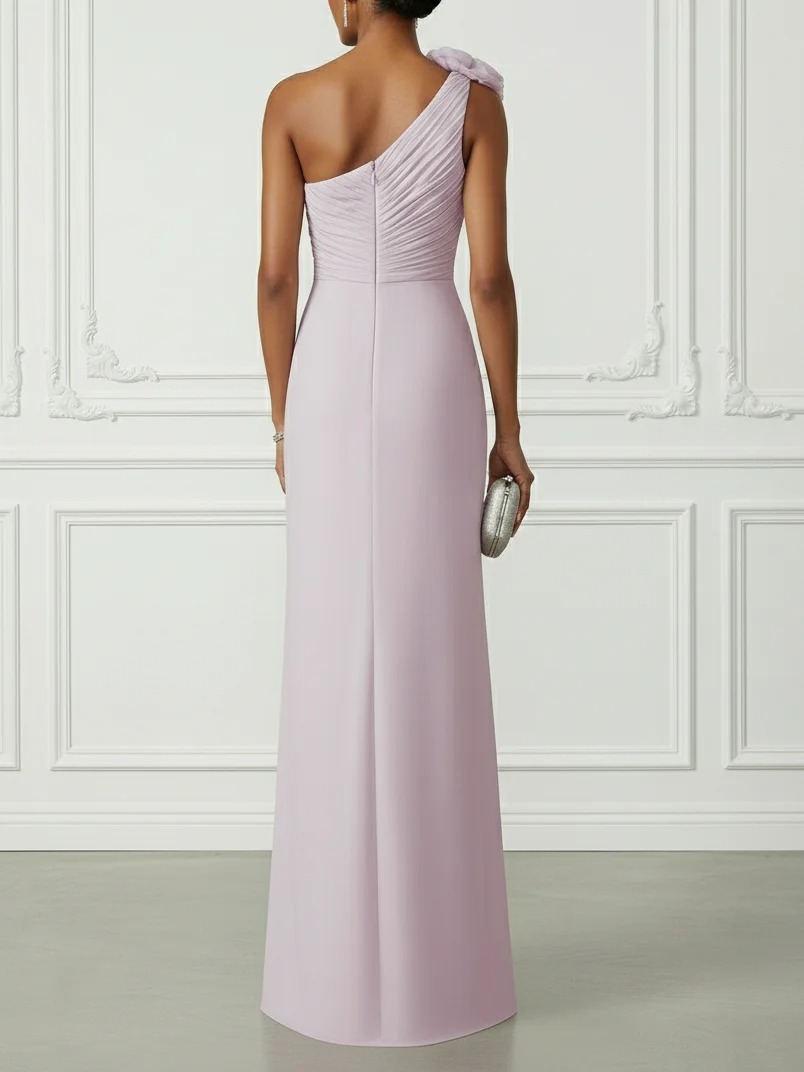 Purple Gathered 3D Floral Knit One Shoulder Sleeveless Sheath Maxi Dress