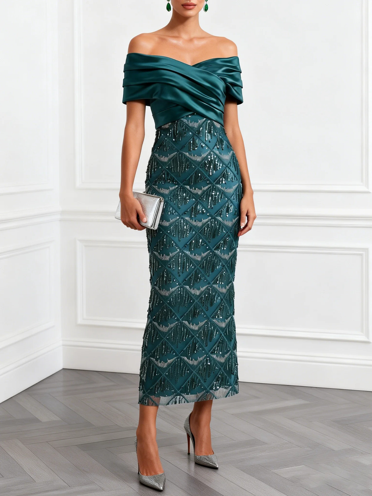 Emerald Green Off Shoulder Satin Beaded Fringe Midi Formal Dress