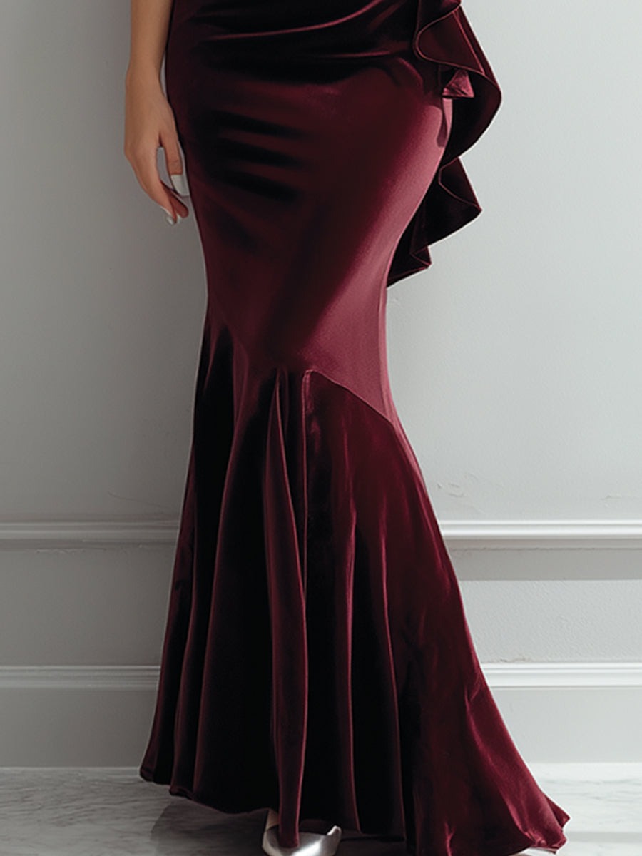 Sleeveless Burgundy Velvet Ruffle Mermaid Gown