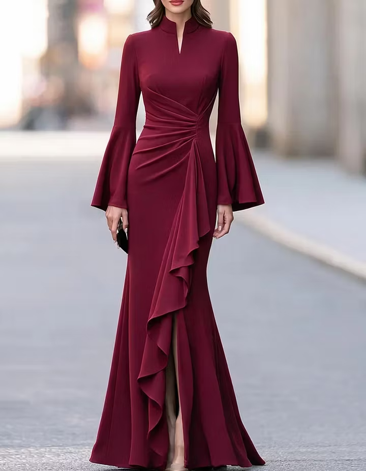 Black High-Neck Flared-Sleeve Ruffle Slit Mermaid Maxi Dress