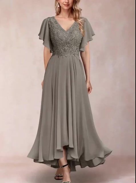 A-line V-neck Short Sleeved Chiffon Maxi Dress