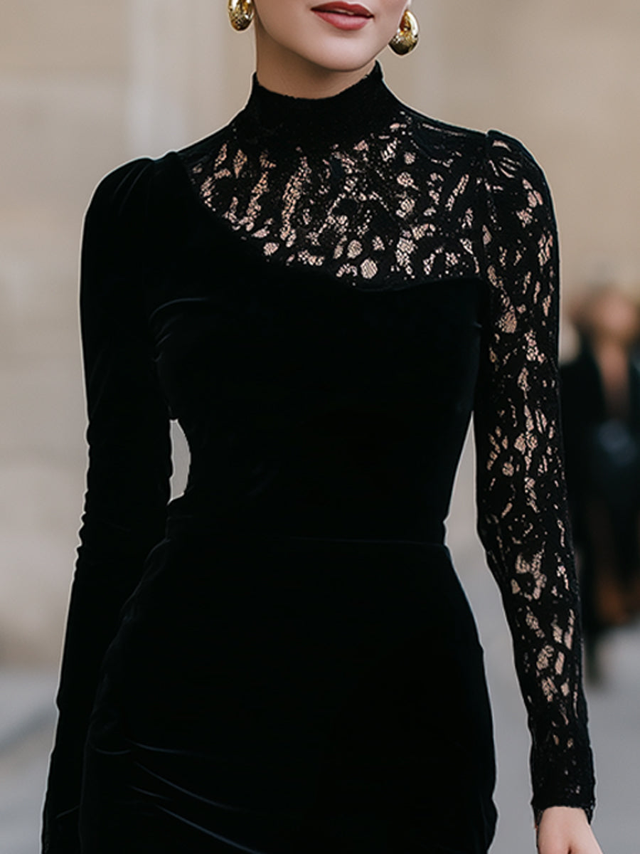 High-Neck Lace Panel Velvet Midi Dress