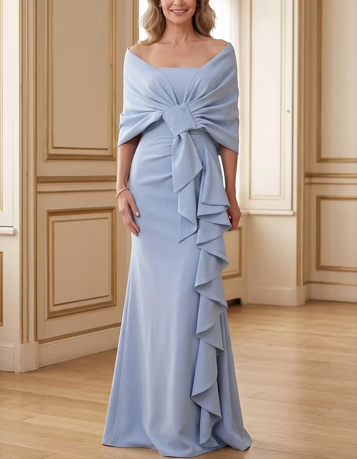 Light Blue Off-Shoulder Square-Neck Bow Ruffle Mermaid Maxi Dress