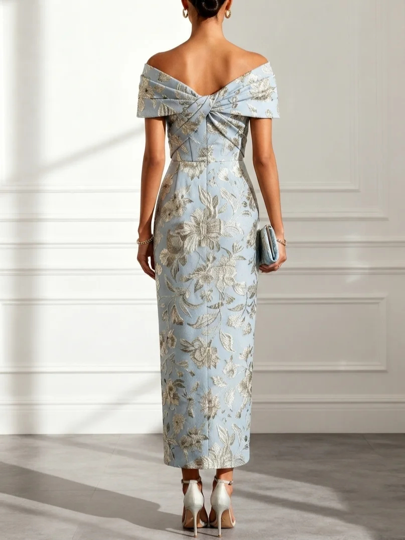 Light Blue Off Shoulder Floral Jacquard Maxi Dress