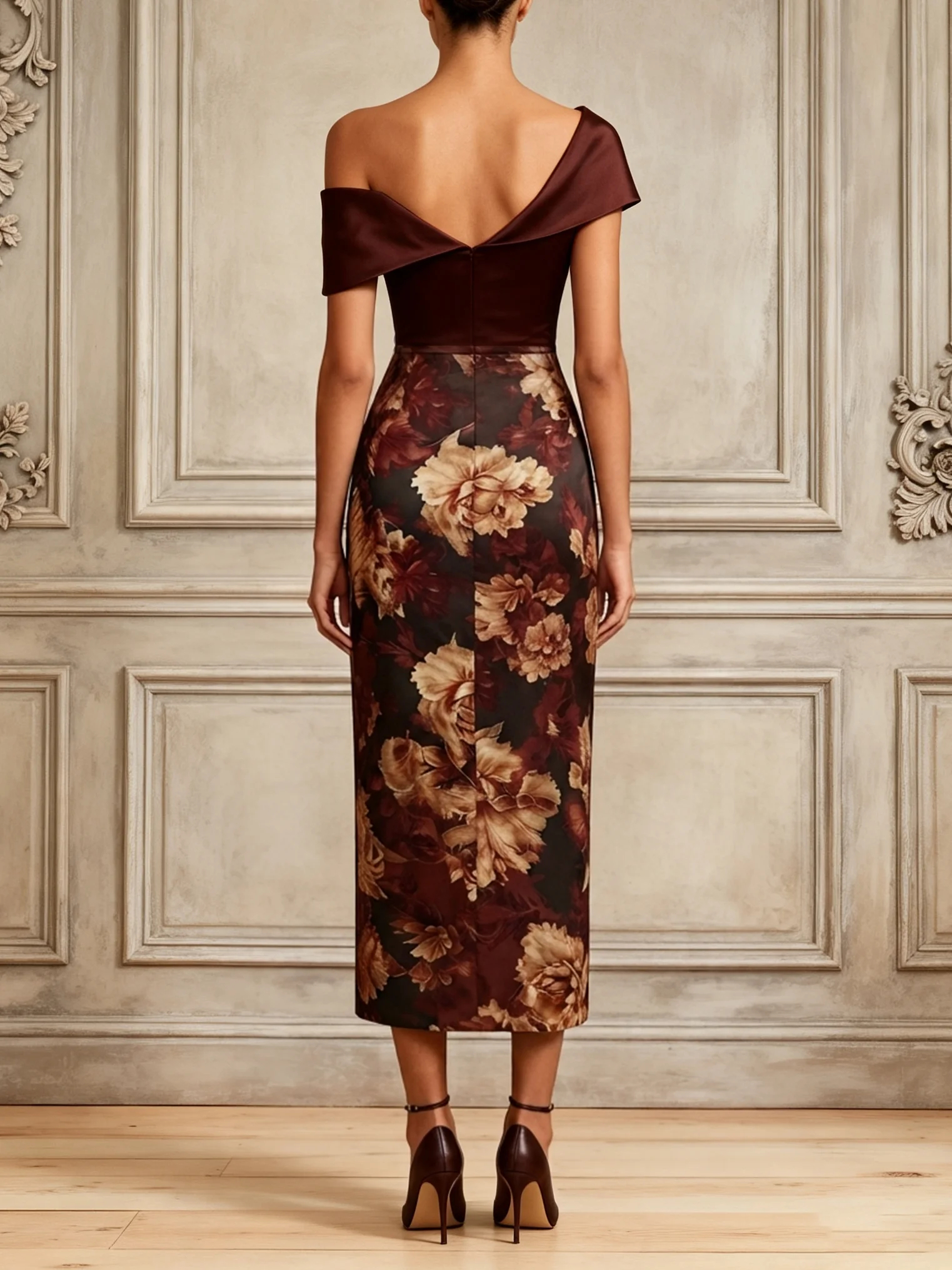 Burgundy Floral Ruched Satin One Shoulder Short Sleeve Sheath Midi Dress
