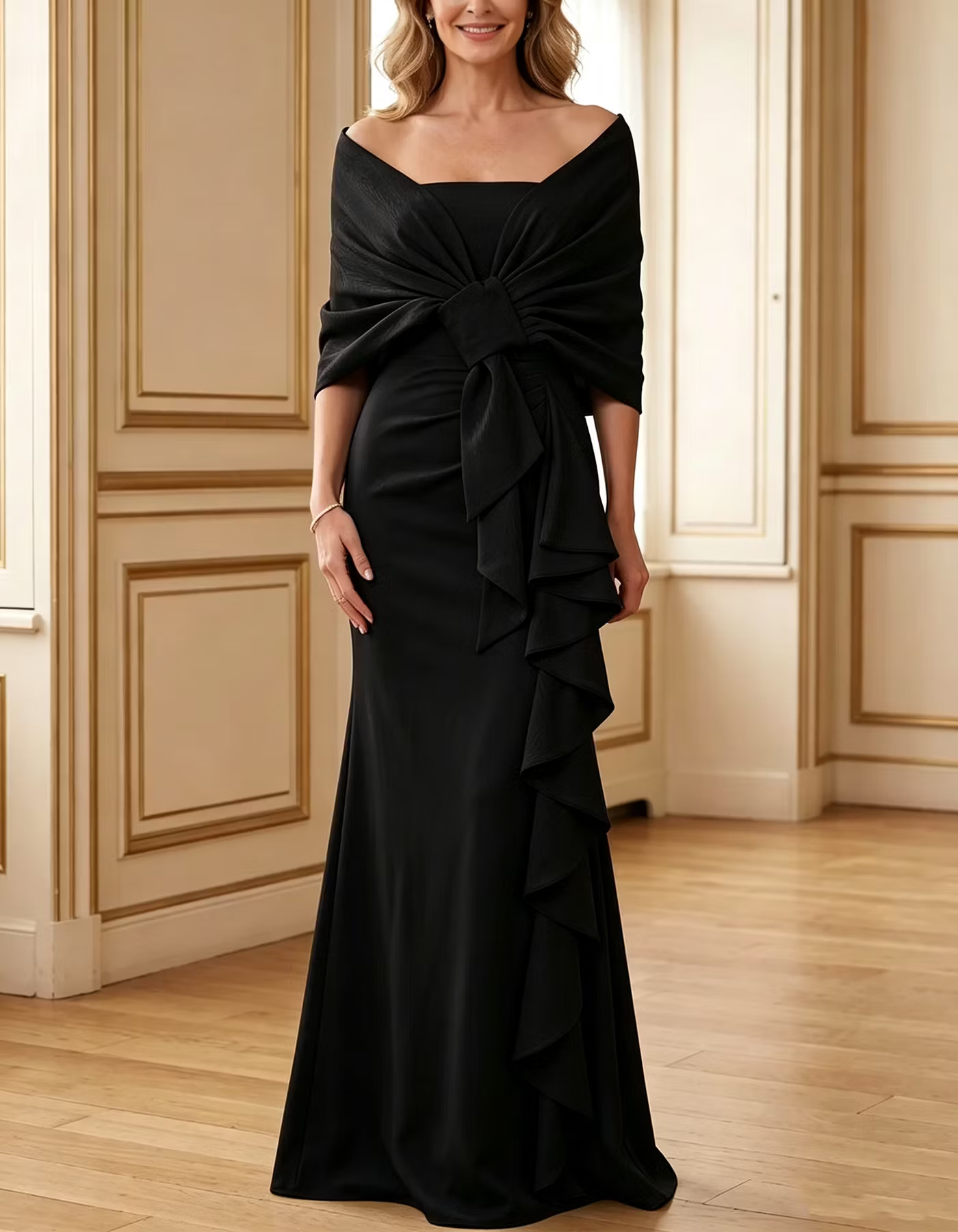 Light Blue Off-Shoulder Square-Neck Bow Ruffle Mermaid Maxi Dress